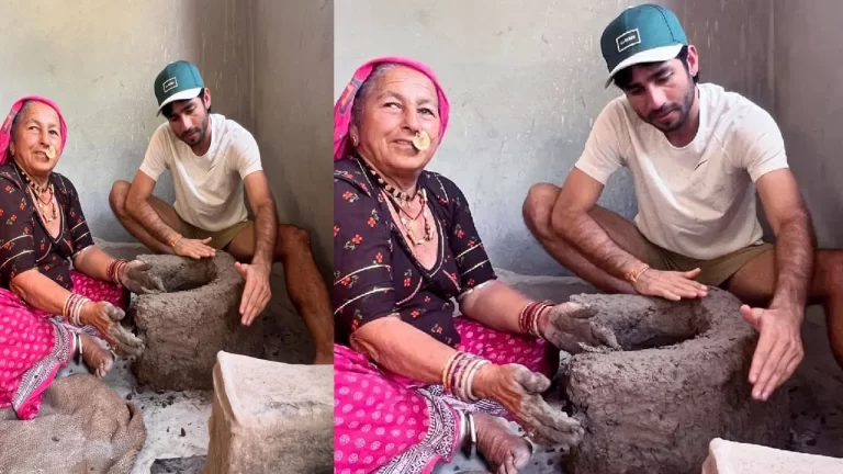 Ravi Bishnoi with his grandmother making Indian Village Chula Telugu